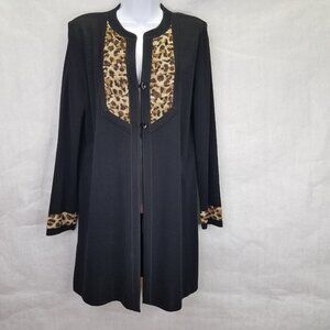 MISOOK Long Cardigan Jacket Women's L Black Leopard Animal Trim Liquid Knit Boho